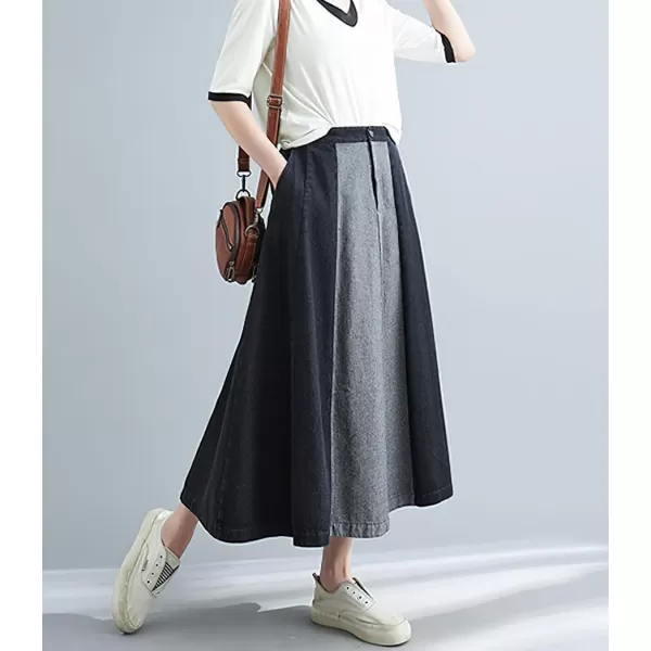 chouyatou Womens Color Block Denim Pleated Skirt High Elastic Waisted Jean Midi Long Skater Skirt with PocketsBlack