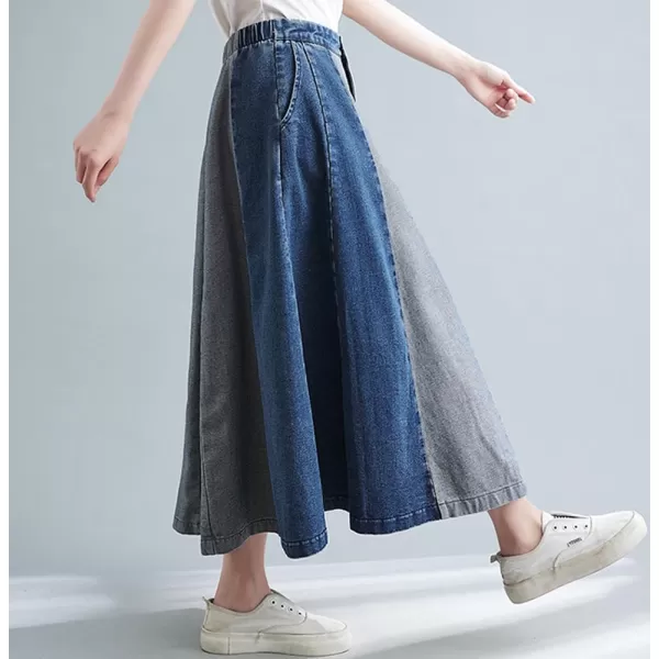 chouyatou Womens Color Block Denim Pleated Skirt High Elastic Waisted Jean Midi Long Skater Skirt with PocketsBlue