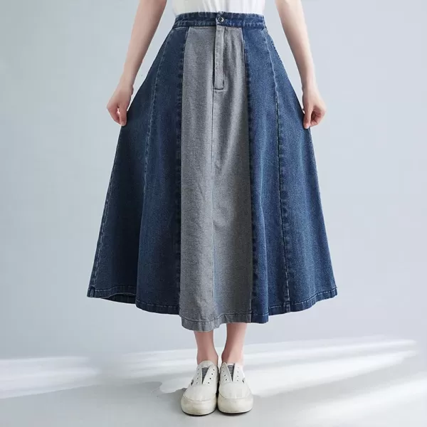 chouyatou Womens Color Block Denim Pleated Skirt High Elastic Waisted Jean Midi Long Skater Skirt with PocketsBlue