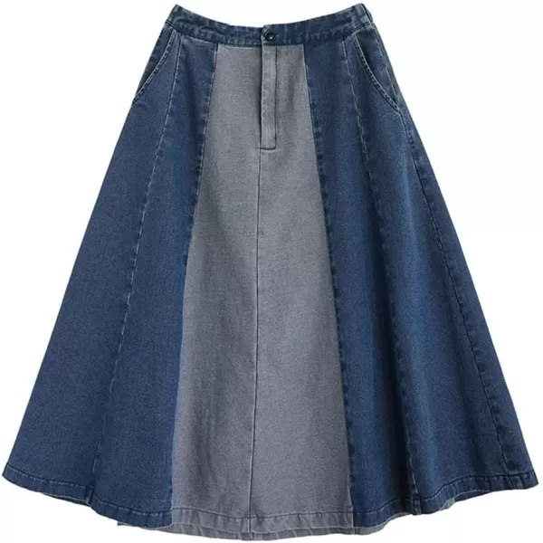 chouyatou Womens Color Block Denim Pleated Skirt High Elastic Waisted Jean Midi Long Skater Skirt with PocketsBlue