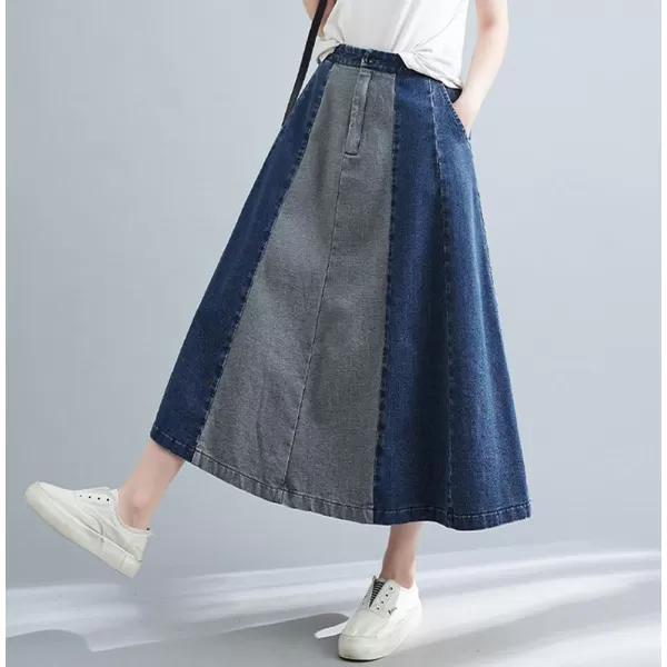 chouyatou Womens Color Block Denim Pleated Skirt High Elastic Waisted Jean Midi Long Skater Skirt with PocketsBlue