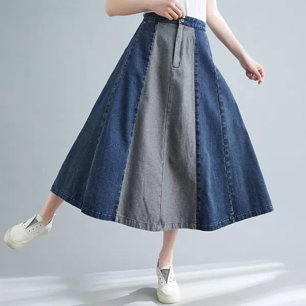 chouyatou Womens Color Block Denim Pleated Skirt High Elastic Waisted Jean Midi Long Skater Skirt with PocketsBlue