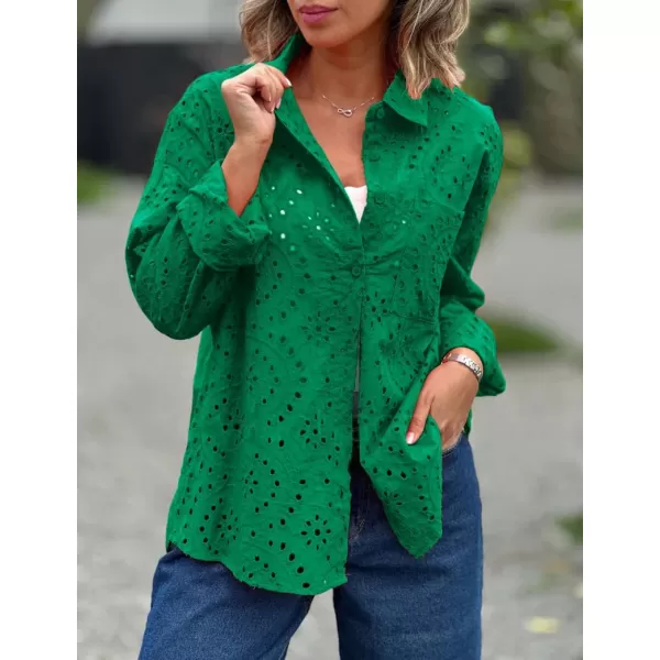 chouyatou Womens Crochet Eyelet Button Down Rolled Up Long Sleeve Boho Shirt Blouse TopsGreen