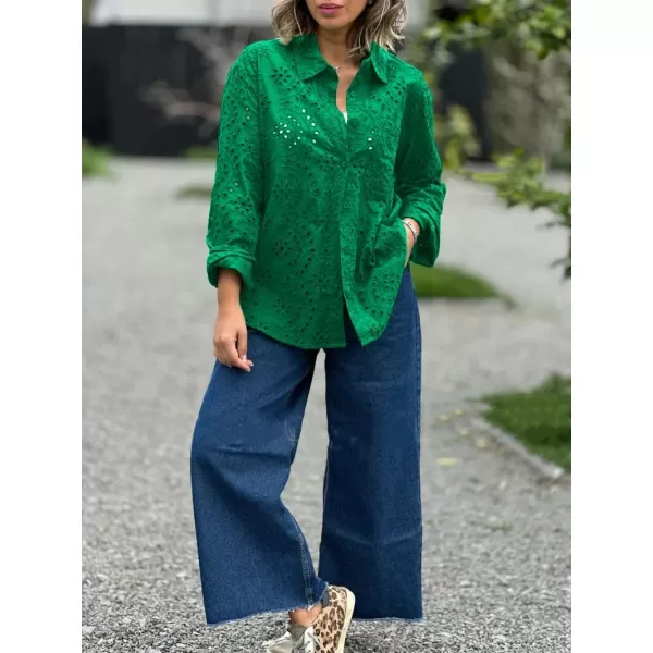 chouyatou Womens Crochet Eyelet Button Down Rolled Up Long Sleeve Boho Shirt Blouse TopsGreen