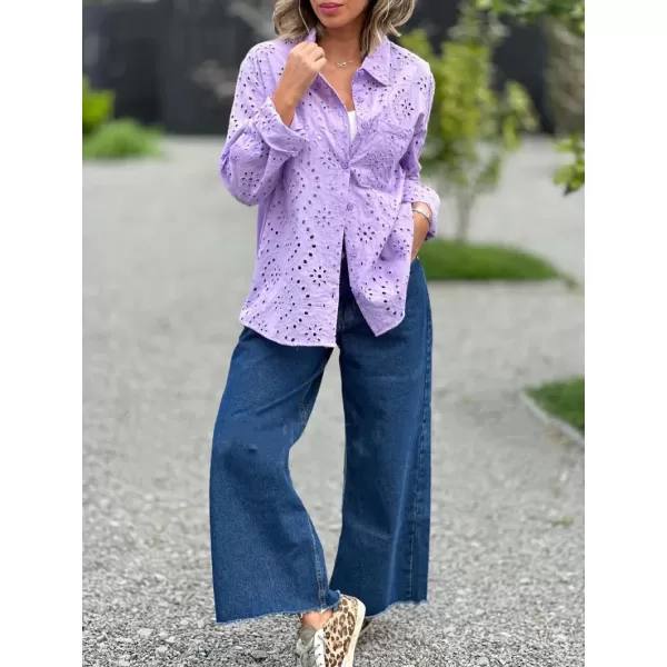 chouyatou Womens Crochet Eyelet Button Down Rolled Up Long Sleeve Boho Shirt Blouse TopsPurple