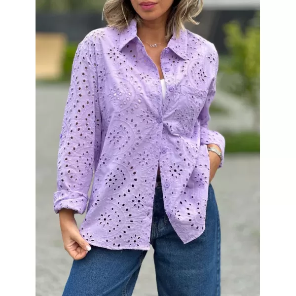 chouyatou Womens Crochet Eyelet Button Down Rolled Up Long Sleeve Boho Shirt Blouse TopsPurple