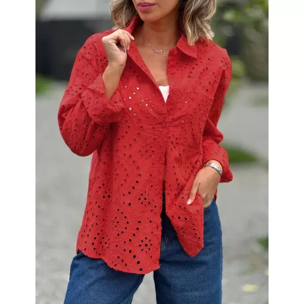 chouyatou Womens Crochet Eyelet Button Down Rolled Up Long Sleeve Boho Shirt Blouse TopsRed