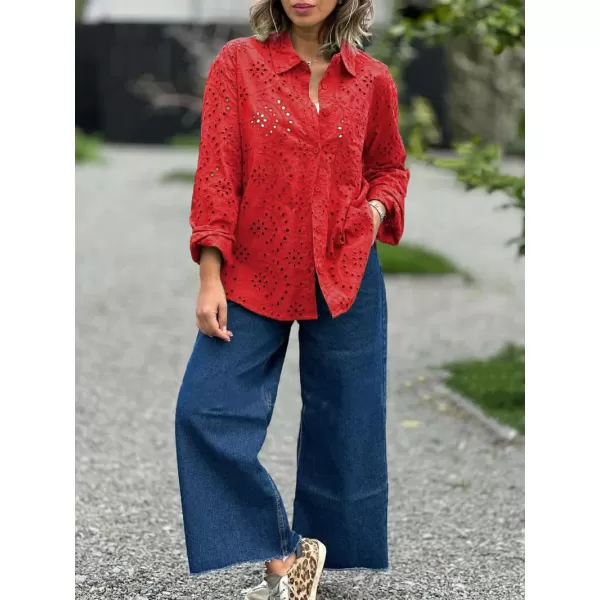 chouyatou Womens Crochet Eyelet Button Down Rolled Up Long Sleeve Boho Shirt Blouse TopsRed