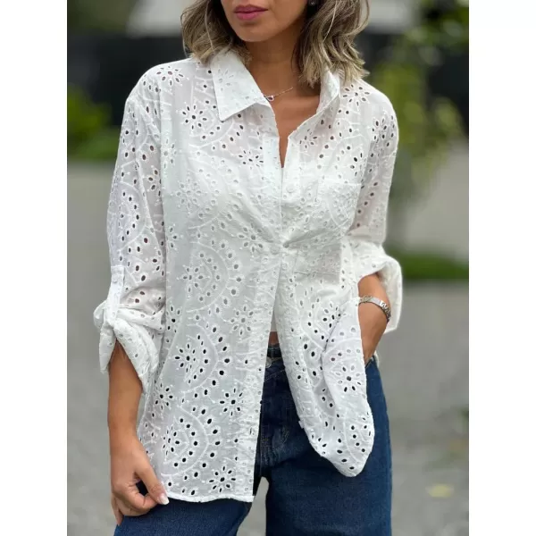 chouyatou Womens Crochet Eyelet Button Down Rolled Up Long Sleeve Boho Shirt Blouse TopsWhite