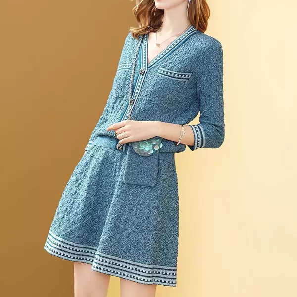 chouyatou Womens Fall 2 Piece Sweater Skirt Sets Jacquard Knit Sweater Cardigan Top Short Midi Skirt OutfitsBlue