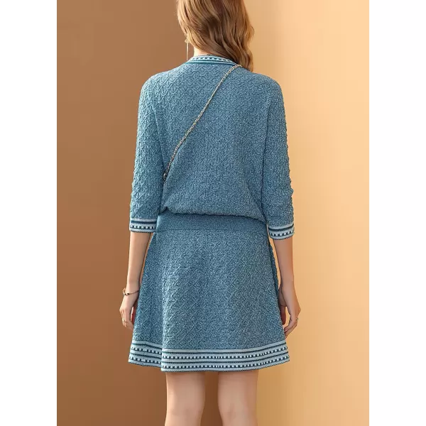 chouyatou Womens Fall 2 Piece Sweater Skirt Sets Jacquard Knit Sweater Cardigan Top Short Midi Skirt OutfitsBlue