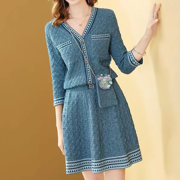chouyatou Womens Fall 2 Piece Sweater Skirt Sets Jacquard Knit Sweater Cardigan Top Short Midi Skirt OutfitsBlue