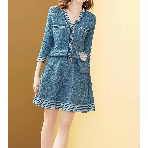 chouyatou Womens Fall 2 Piece Sweater Skirt Sets Jacquard Knit Sweater Cardigan Top Short Midi Skirt OutfitsBlue
