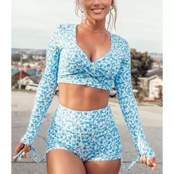 chouyatou Womens Flora Print Crop Top and Tight Shorts 2 Piece Workout Sets Yoga OutfitsBlue