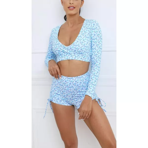 chouyatou Womens Flora Print Crop Top and Tight Shorts 2 Piece Workout Sets Yoga OutfitsBlue