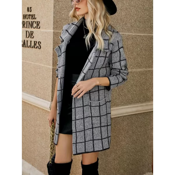 chouyatou Womens Notched Lapel Open Front Business Casual Work Knit Cardigan Sweater Blazer JacketGray Plaid