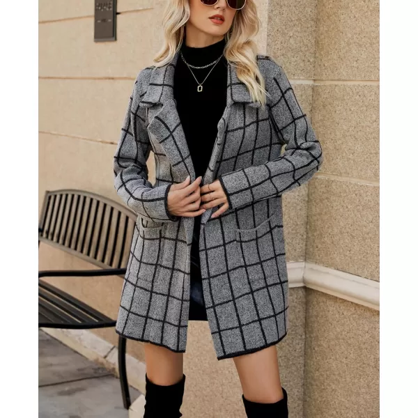 chouyatou Womens Notched Lapel Open Front Business Casual Work Knit Cardigan Sweater Blazer JacketGray Plaid