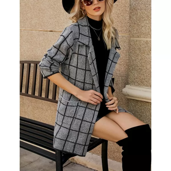 chouyatou Womens Notched Lapel Open Front Business Casual Work Knit Cardigan Sweater Blazer JacketGray Plaid