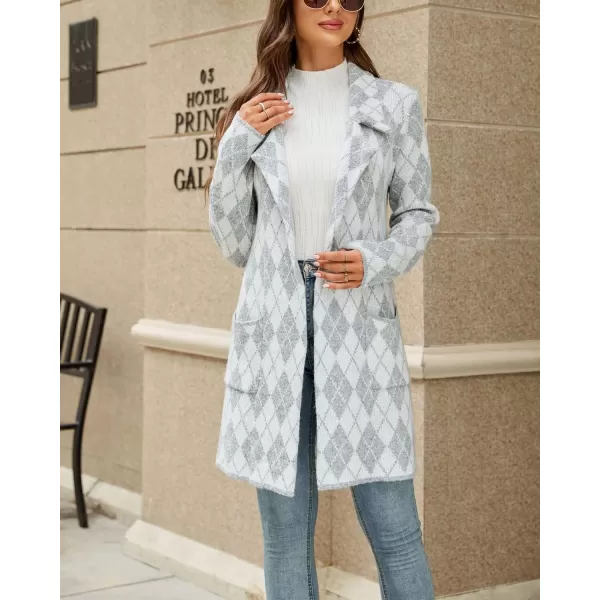 chouyatou Womens Notched Lapel Open Front Business Casual Work Knit Cardigan Sweater Blazer JacketLightgray Argyle