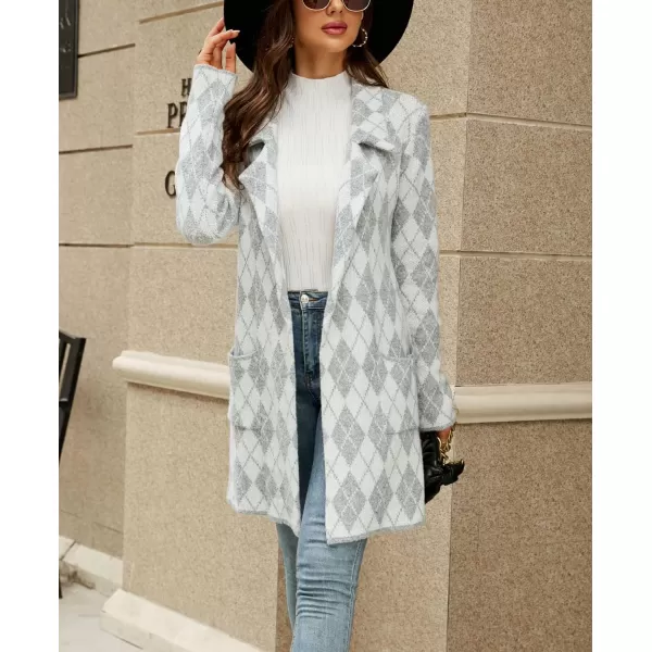 chouyatou Womens Notched Lapel Open Front Business Casual Work Knit Cardigan Sweater Blazer JacketLightgray Argyle