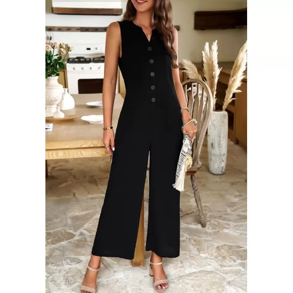 chouyatou Womens Spring Summer Cotton Linen Jumpsuits Button Down Casual Overall RompersBlack