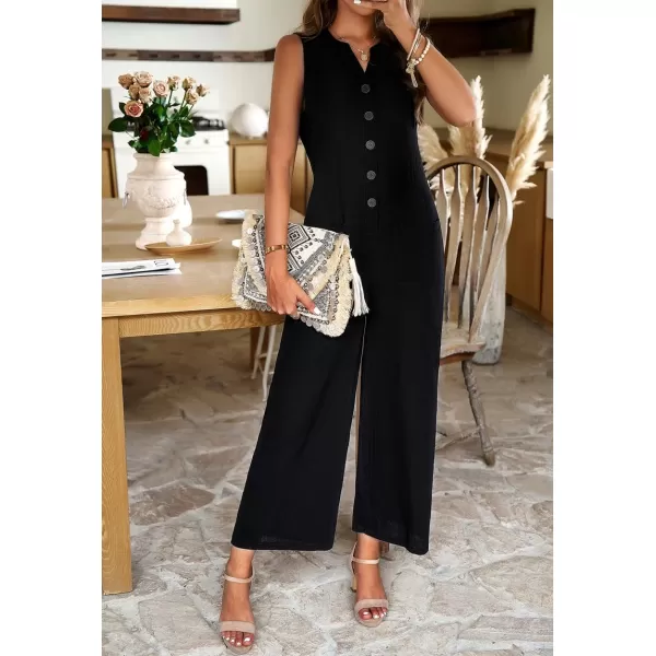 chouyatou Womens Spring Summer Cotton Linen Jumpsuits Button Down Casual Overall RompersBlack
