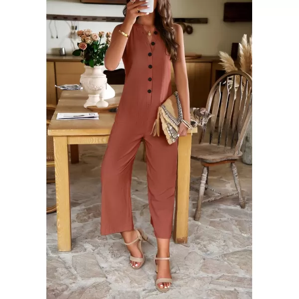 chouyatou Womens Spring Summer Cotton Linen Jumpsuits Button Down Casual Overall RompersBrown