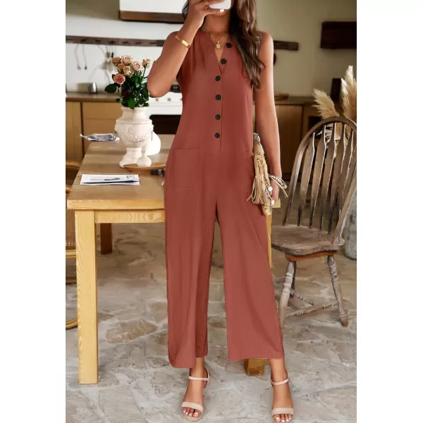 chouyatou Womens Spring Summer Cotton Linen Jumpsuits Button Down Casual Overall RompersBrown