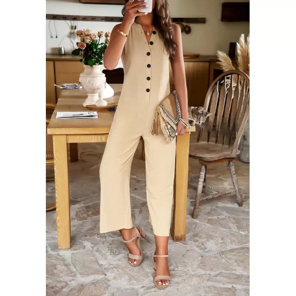 chouyatou Womens Spring Summer Cotton Linen Jumpsuits Button Down Casual Overall RompersKhaki