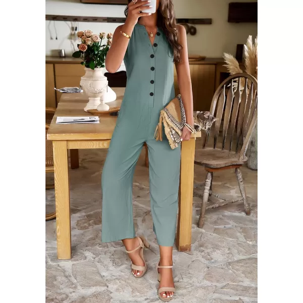chouyatou Womens Spring Summer Cotton Linen Jumpsuits Button Down Casual Overall RompersPea Green
