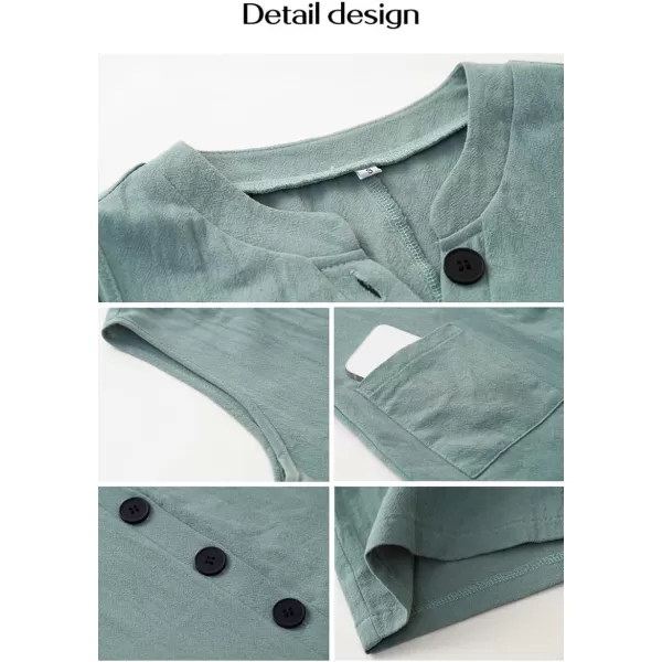 chouyatou Womens Spring Summer Cotton Linen Jumpsuits Button Down Casual Overall RompersPea Green