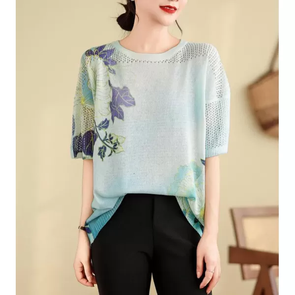 chouyatou Womens Summer Oversized Short Sleeve Crochet Sweater Tops Boho Floral Pattern Knitted Pullover TShirtBlue