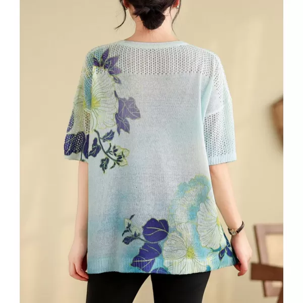 chouyatou Womens Summer Oversized Short Sleeve Crochet Sweater Tops Boho Floral Pattern Knitted Pullover TShirtBlue