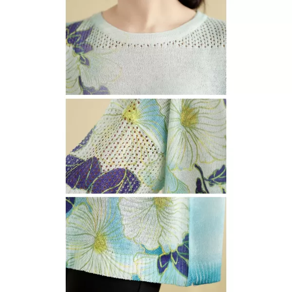 chouyatou Womens Summer Oversized Short Sleeve Crochet Sweater Tops Boho Floral Pattern Knitted Pullover TShirtBlue