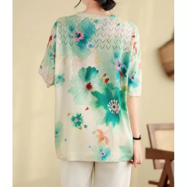 chouyatou Womens Summer Oversized Short Sleeve Crochet Sweater Tops Boho Floral Pattern Knitted Pullover TShirtGreen