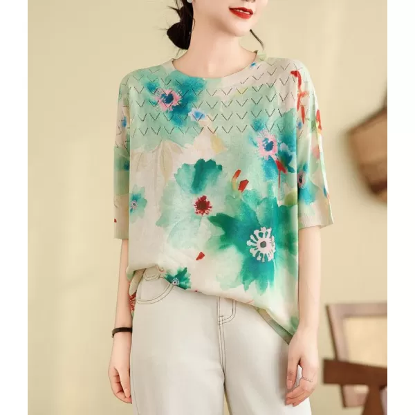 chouyatou Womens Summer Oversized Short Sleeve Crochet Sweater Tops Boho Floral Pattern Knitted Pullover TShirtGreen