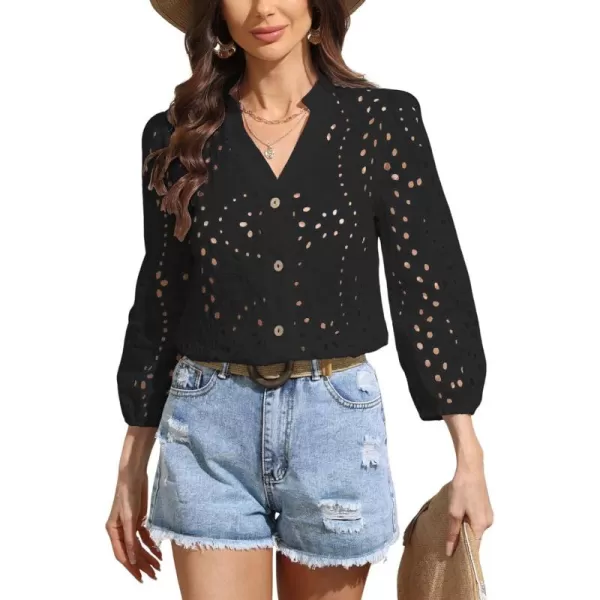 chouyatou Womens 2024 Eyelet Lace Embroidery Button Down Shirts Lantern Puff Sleeve Boho Crochet Blouse TopsBlack