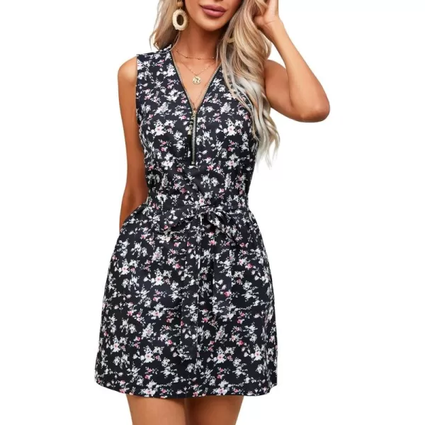 chouyatou Womens Boho Floral Belted Tank Mini Dress Zip Up V Neck Casual Work Beach Sun DressBlack Floral