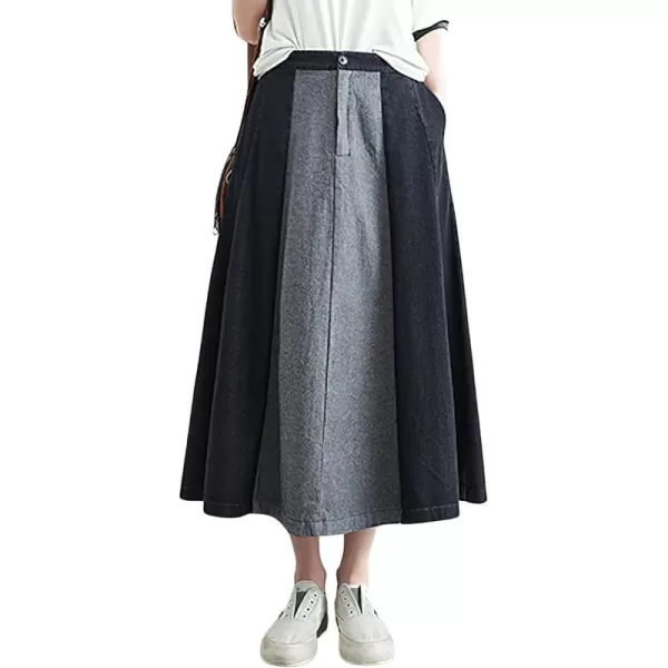 chouyatou Womens Color Block Denim Pleated Skirt High Elastic Waisted Jean Midi Long Skater Skirt with PocketsBlack