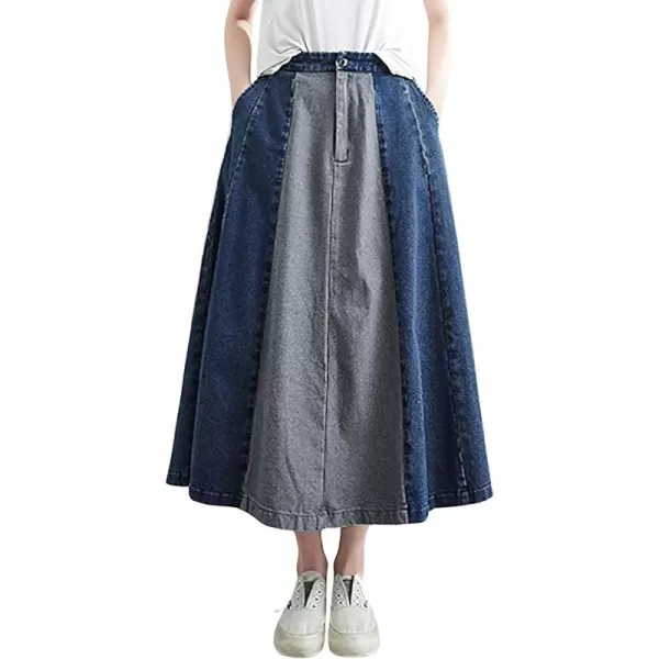 chouyatou Womens Color Block Denim Pleated Skirt High Elastic Waisted Jean Midi Long Skater Skirt with PocketsBlue