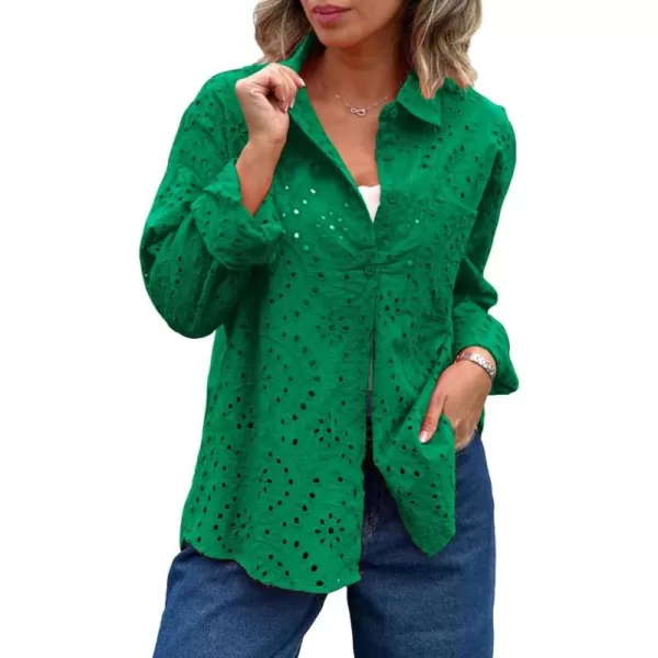 chouyatou Womens Crochet Eyelet Button Down Rolled Up Long Sleeve Boho Shirt Blouse TopsGreen