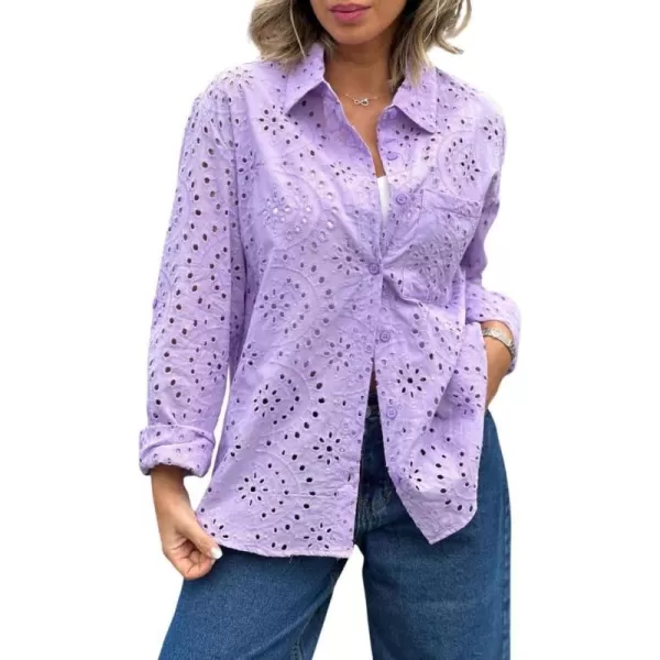 chouyatou Womens Crochet Eyelet Button Down Rolled Up Long Sleeve Boho Shirt Blouse TopsPurple