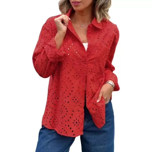 chouyatou Womens Crochet Eyelet Button Down Rolled Up Long Sleeve Boho Shirt Blouse TopsRed