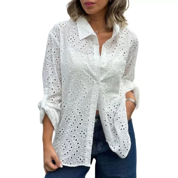 chouyatou Womens Crochet Eyelet Button Down Rolled Up Long Sleeve Boho Shirt Blouse TopsWhite