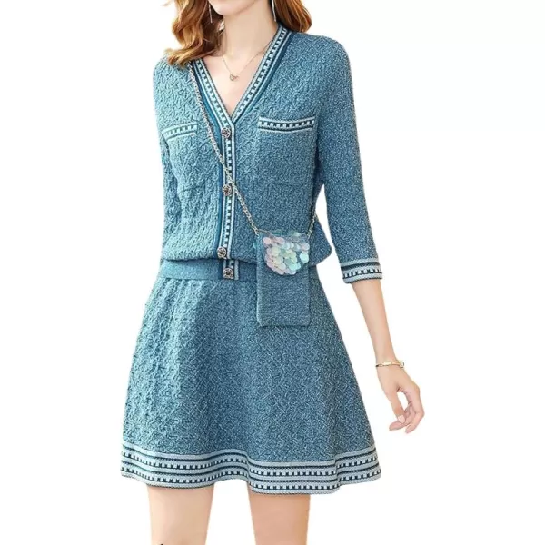 chouyatou Womens Fall 2 Piece Sweater Skirt Sets Jacquard Knit Sweater Cardigan Top Short Midi Skirt OutfitsBlue