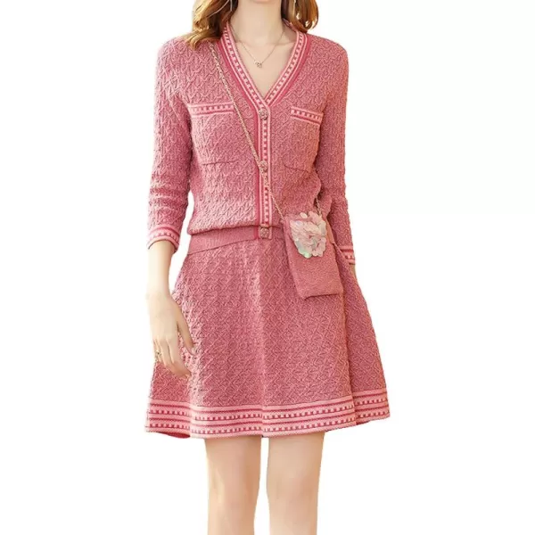 chouyatou Womens Fall 2 Piece Sweater Skirt Sets Jacquard Knit Sweater Cardigan Top Short Midi Skirt OutfitsPink