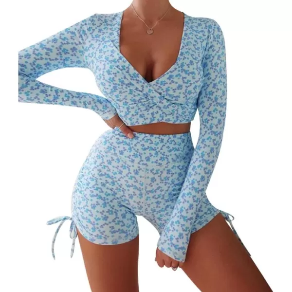 chouyatou Womens Flora Print Crop Top and Tight Shorts 2 Piece Workout Sets Yoga OutfitsBlue