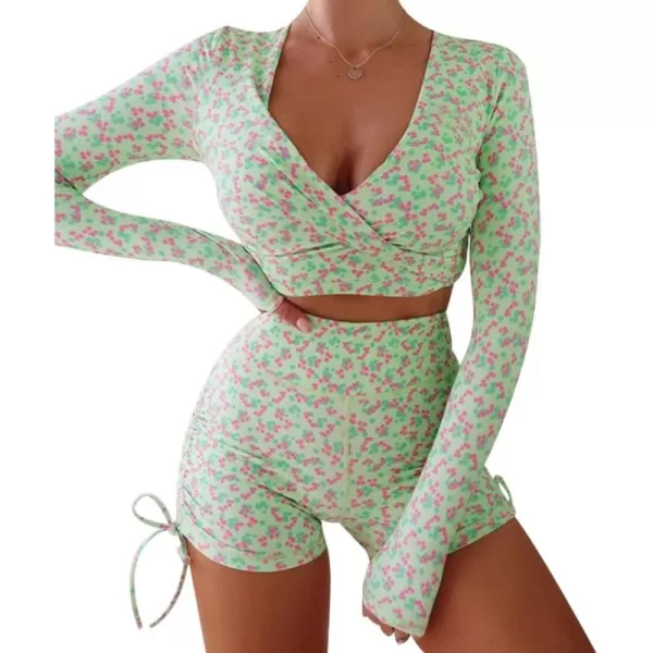 chouyatou Womens Flora Print Crop Top and Tight Shorts 2 Piece Workout Sets Yoga OutfitsGreen