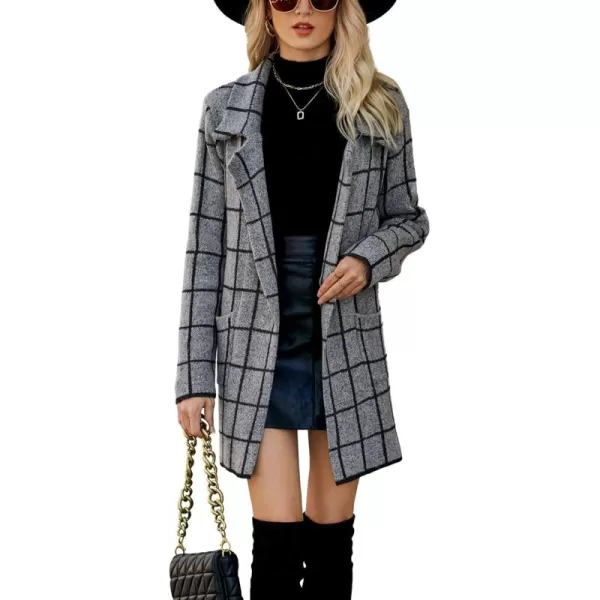 chouyatou Womens Notched Lapel Open Front Business Casual Work Knit Cardigan Sweater Blazer JacketGray Plaid