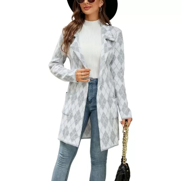 chouyatou Womens Notched Lapel Open Front Business Casual Work Knit Cardigan Sweater Blazer JacketLightgray Argyle